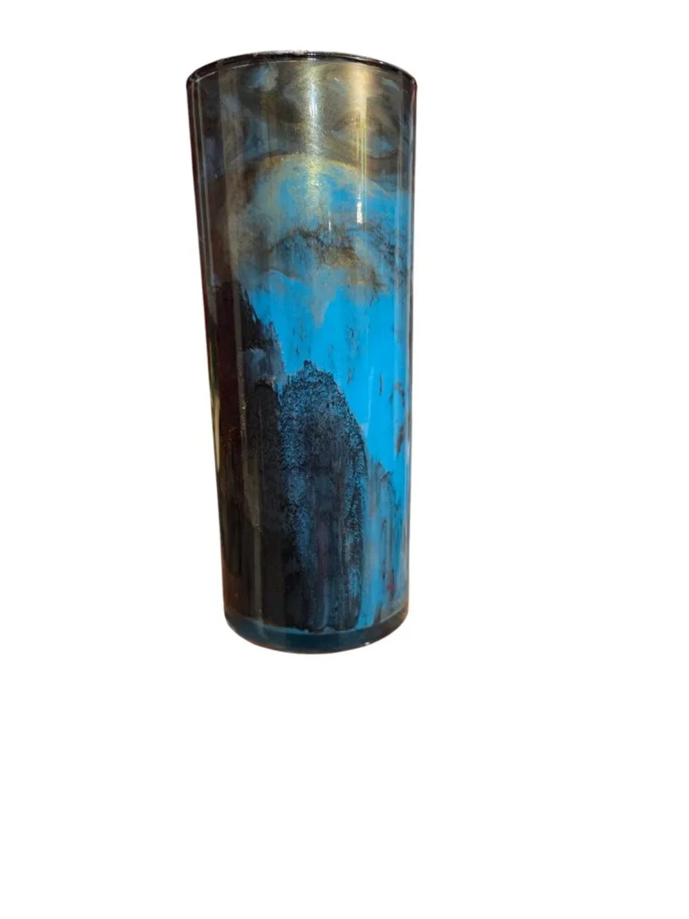 Handpainted OOAK Acrylic Pour Cylinder Vase, Teal Blue Black Gold, Unique Art